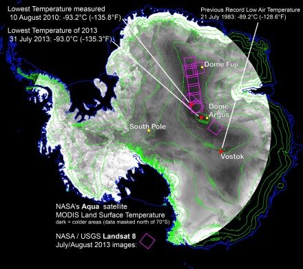 NASA的Landsat 8卫星测量数据显示,地球上最冷的地方位于南极大陆东部一条无人涉足的冰脊附近,2013年7月31日地表温度在冬夜降至零下93.0摄氏度,这是有记录以来地球的最低温。